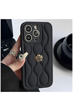 Apple iPhone 15 Pro Max Uyumlu Kılıf Zebana Camellia Deri Kılıf Siyah