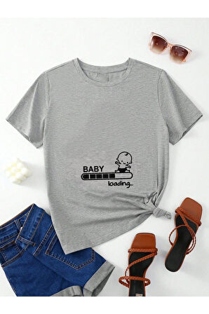 Oversize Hamile T-shirt Baby Loading Baskılı Açık Beyaz