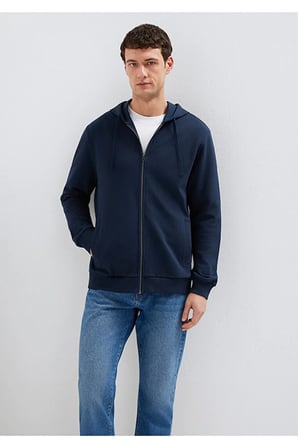 Kapüşonlu Fermuarlı Lacivert Basic Sweatshirt 0S10423-70490