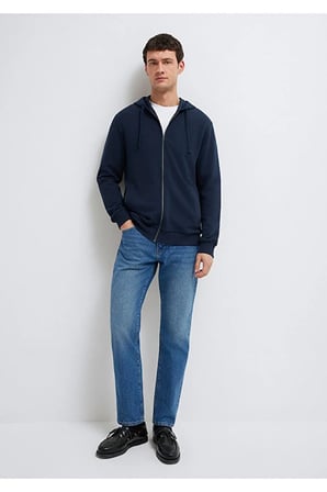 Kapüşonlu Fermuarlı Lacivert Basic Sweatshirt 0S10423-70490