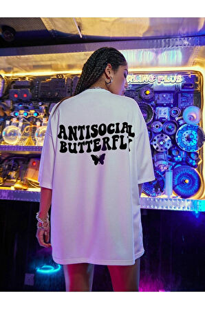 Kadın Antisocial Baskılı Oversize Penye T-shirt Tişört