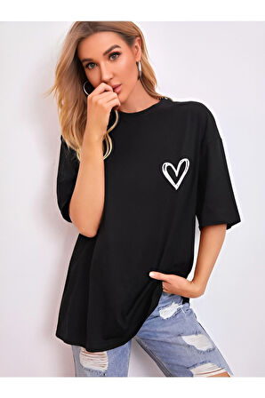 Minimal Kalp Baskılı Kırmızı Oversize Tshirt
