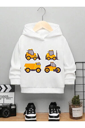 Çocuk Tasarım Kamyon Kepçe Makine Baskılı Kapüşonlu Sweatshirt Pamuklu