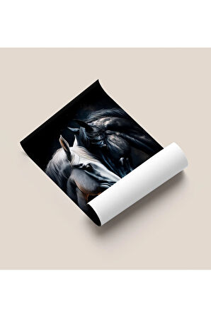 Çerçevesiz Poster, Dijital Baskı, Siyah ve Beyaz At , Ofis Salon Dekorasyon, Sevgili Eş Çift Posteri