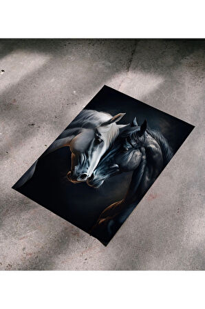 Çerçevesiz Poster, Dijital Baskı, Siyah ve Beyaz At , Ofis Salon Dekorasyon, Sevgili Eş Çift Posteri