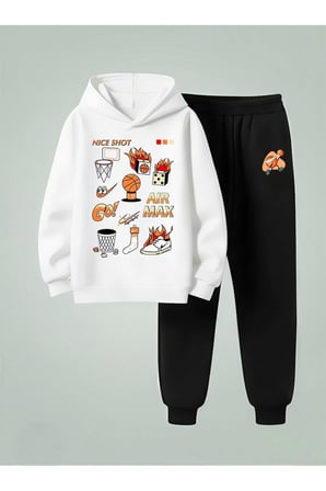 Erkek Çocuk Kapüşonlu Takım BASKET TOPLU Baskılı 3 İplik Şardonlu Sweatshirt - Eşofman Takım