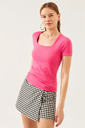 Kadın Pembe Kare Yaka Kısa Kol Viskon Bluz