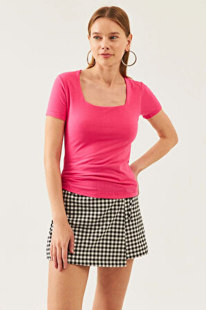 Kadın Pembe Kare Yaka Kısa Kol Viskon Bluz