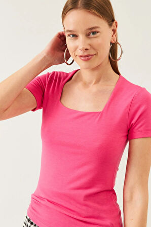 Kadın Pembe Kare Yaka Kısa Kol Viskon Bluz