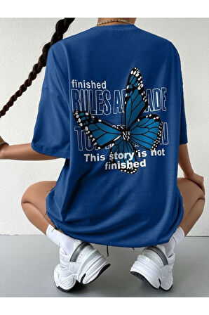 Saksı Mavisi Sırt Ve Ön Kelebek Baskılı Oversize Günlük Giyim Bisiklet Yaka T-shirt