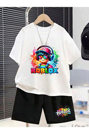 Çocuk Tasarım Roblox Baskılı T-Shirt Şort Alt Üst Takım Pamuk