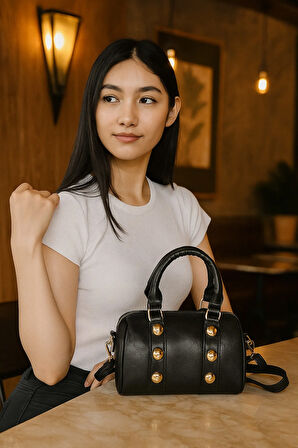 Lüks Altın Detaylı Silindir El ve Omuz Çantası