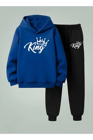 Çocuk Erkek Kapüşonlu Takım KİNG Baskılı 3 İplik Şardonlu Sweatshirt - Eşofman Takım