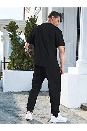 Wings T-shirt Eşofman Altı Jogger- Siyah Baskılı Alt Üst Eşofman Takım Oversize Bisiklet Yaka