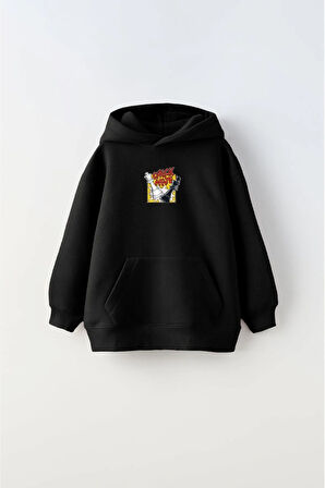 Kapüşonlu İçi Polar Satranç Cartoon  Baskılı Siyah Unisex Çocuk Hoodie Sweatshirt