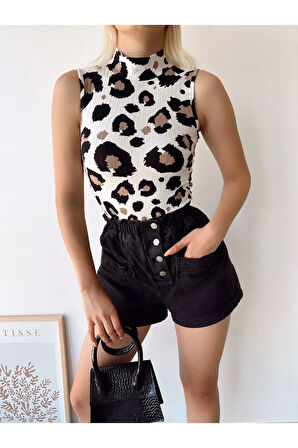 Kadın Ekru Kahve Desen Kolsuz Dik Yaka Kaşkorse Viskon Bluz