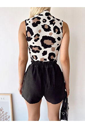 Kadın Ekru Kahve Desen Kolsuz Dik Yaka Kaşkorse Viskon Bluz