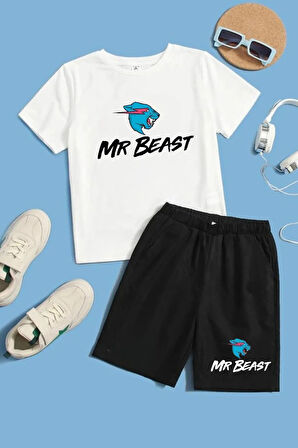 Çocuk Mr Beast Baskılı Alt Üst %100 Pamuk T-Shirt Şort Takım