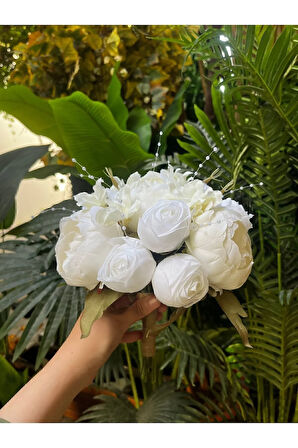 İncili Şakayık Buketi - Beyaz Şakayık buketi - Gelin Buketi - Gelin Çiçeği - Yapay Gelin Çiçeği