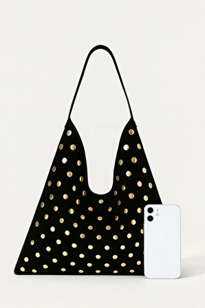 Lüks Suet Deri Gold Taşlı İkonik Üçgen Omuz Çantası