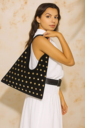 Lüks Suet Deri Gold Taşlı İkonik Üçgen Omuz Çantası