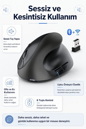 Type-C Şarjlı Dikey Ergonomik Kablosuz Mouse Bluetooth Siyah (Sağ El Kullanımına Uygundur)