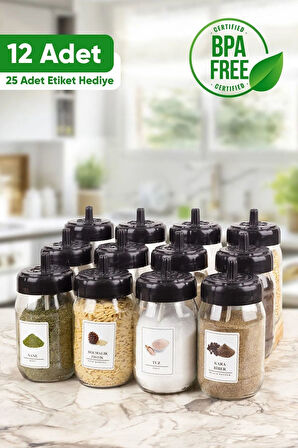Kendinden Kaşıklı 12'li Cam Baharatlık Takımı