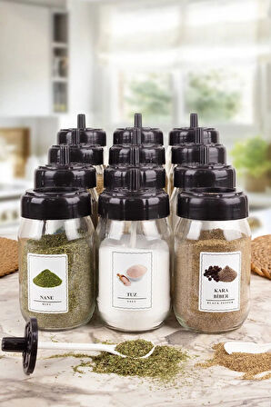 Kendinden Kaşıklı 12'li Cam Baharatlık Takımı