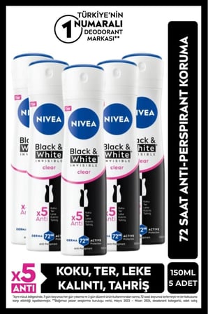Kadın Sprey Deodorant Black&white Invisible Clear 150ml, 48 Saat Anti-perspirant Koruma, X5 Adet