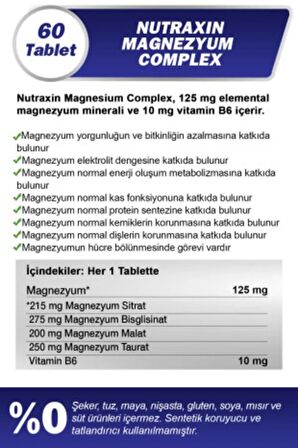 Magnezyum Complex 60 Tablet 125 Mg - Bisiglinat - Taurat - Malat - Sitrat - B6 8680512632108 X2