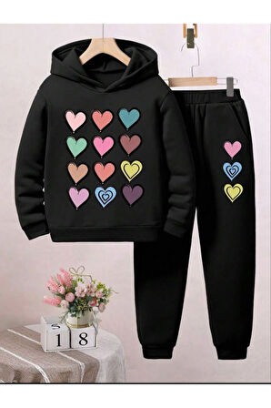 Kız Çocuk Unicorn Kalp Baskılı Kapüşonlu Sweatshirt Eşofman Takımı