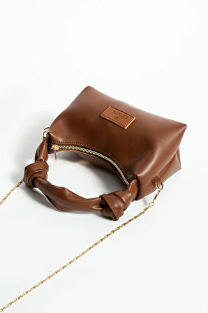 Kadın Soft Deri Düğüm Detaylı Kulplu Zincir Askılı Mini El Omuz Baget Çanta