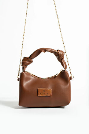 Kadın Soft Deri Düğüm Detaylı Kulplu Zincir Askılı Mini El Omuz Baget Çanta