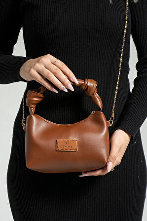 Kadın Soft Deri Düğüm Detaylı Kulplu Zincir Askılı Mini El Omuz Baget Çanta