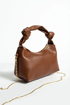 Kadın Soft Deri Düğüm Detaylı Kulplu Zincir Askılı Mini El Omuz Baget Çanta