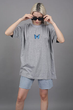 T-shirt Mavi Kelebek Baskılı Pamuk Bisiklet Yaka Oversize