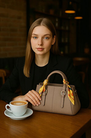 Kadın Şık Deri Görünümlü Fular Detaylı Omuz ve El Çantası