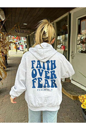 Kız Çocuk Gri Sırt Ve Ön Baskılı Faith Over Kapşonlu Sweatshirt