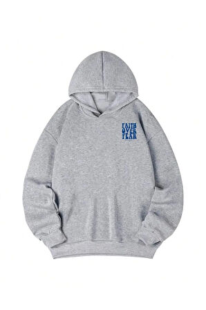 Kız Çocuk Gri Sırt Ve Ön Baskılı Faith Over Kapşonlu Sweatshirt