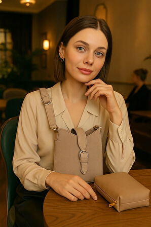 Lüks Süet Deri Detaylı Omuz Çantası & Makyaj Çantası Hediyeli