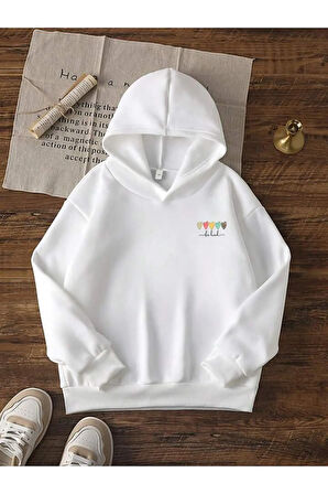 Kız Çocuk Beyaz Sırt Ve Ön Baskılı Minimal Kalpler Kapşonlu Sweatshirt