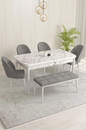 Marsilya Beyaz Mermer Desen 80x132 MDF Açılabilir Mutfak Masası Takımı 4 Sandalye, 1 Bench