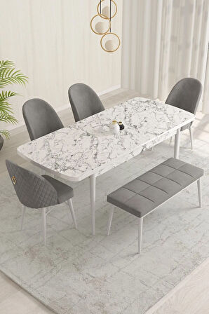 Marsilya Beyaz Mermer Desen 80x132 MDF Açılabilir Mutfak Masası Takımı 4 Sandalye, 1 Bench