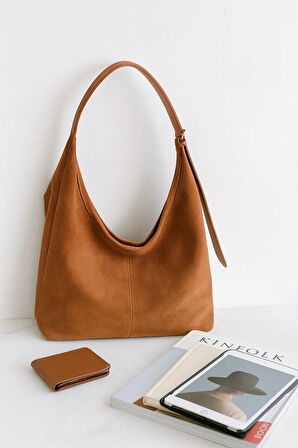 Lüks Süet Dokulu Geniş Omuz Çantası