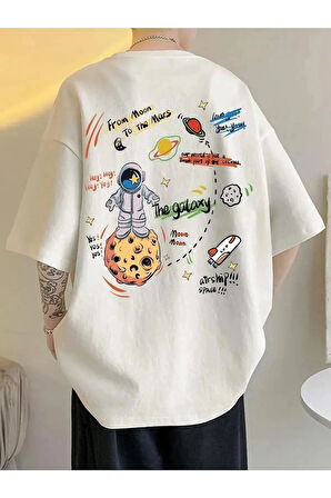 Unisex Beyaz Arkası Gezegen Baskılı Oversize Bisiklet Yaka beyaz siyah Tshirt