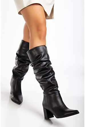 Feles 6 cm Topkulu Körüklü Diz Altı Kadın Çizme SİYAH
