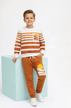 Summer Baskılı  Uzun Kollu Cepli  Unisex Çocuk Alt Üst Takım