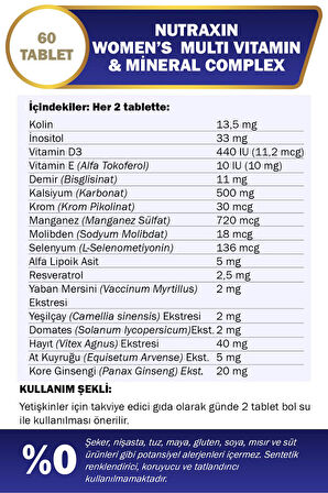 Nutraxin Womens Multivitamin Mineral Complex 60 Tablet 2 Adet