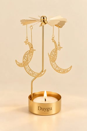 Kişiye Özel İsimli Dönen Mumluk Hilal Ay Figürlü Altın Metal Tealight Mum Tutucu 15 cm
