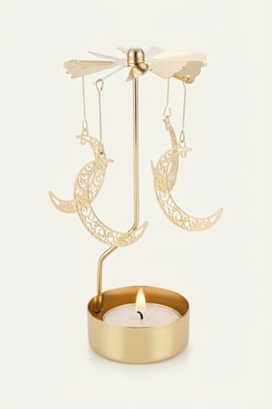Kişiye Özel İsimli Dönen Mumluk Hilal Ay Figürlü Altın Metal Tealight Mum Tutucu 15 cm